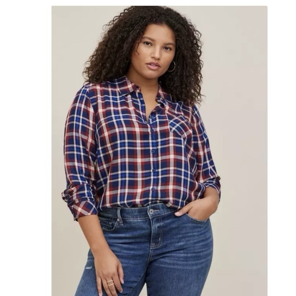 Torrid Lizzie Red Blue Plaid Twill Button Up Long Sleeve‎ Shirt Size 3X